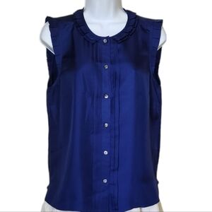 J. Crew Blue Silk Sleeveless Shirt with Pleated Ruffle Size 8